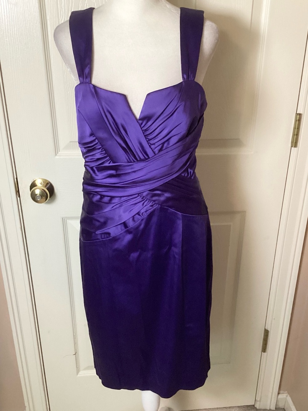 Calvin Klein Satin Purple Draped Midi Dress with Wide Straps - Size 6